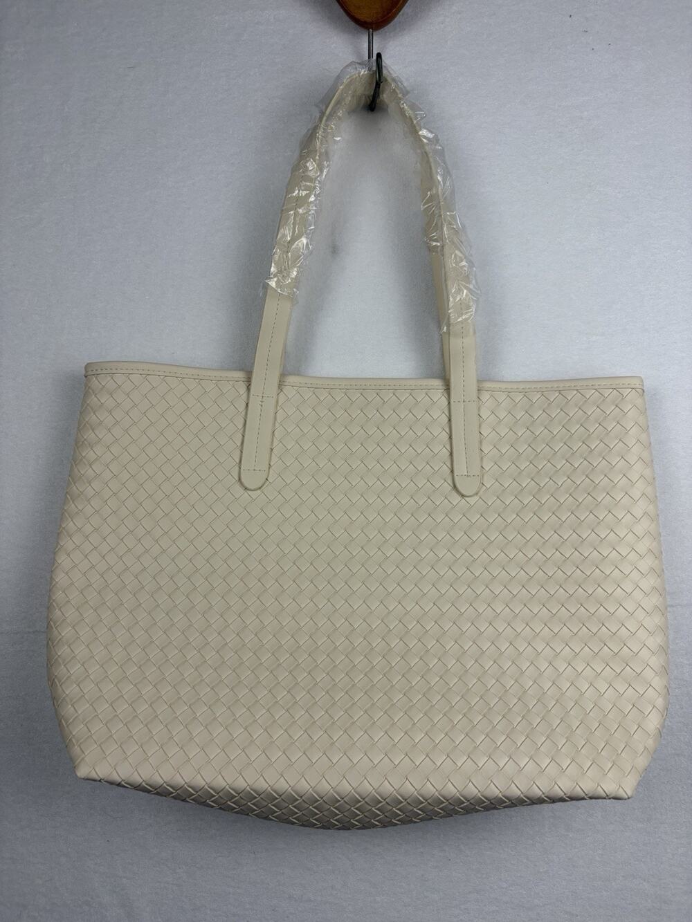 Donna Karan Cashmere Mist Tote Bag Cream Woven Faux Leather Large
